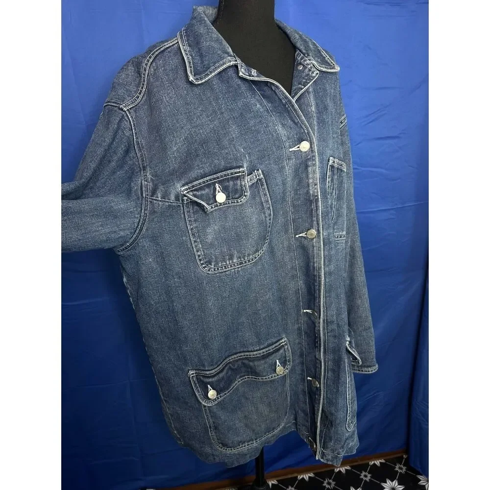 Vtg‎ Jones New York Womens Denim Chore Jacket 2X Classic Barn Plaid Cotton Dark